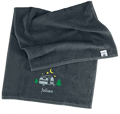 Herz & Heim® Besticktes Handtuch Camper-Geschenk mit Namen 100% Baumwolle, 500g/m² Grau, 50 x 100 cm