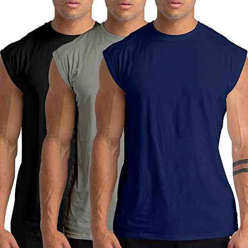 Holure 3-pack herrundertröjor, muskelskjorta, träning, linne, undertröja med rund hals, Svart/grå/marin, XL