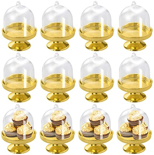 12 Mini Soporte para Tartas Plástico, Pequeño Campana de Pastel ,Soporte para Pastel,Soporte para Dulces con Cubierta de Domo , para Chocolate, Queso, Macarrones de Coco, Bolas de Ron - Dorada