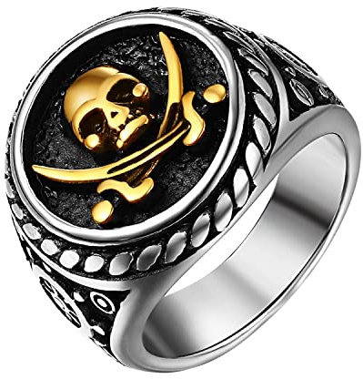 JewelryWe Schmuck Herren-Ring Retro Pirate Seeräuber Ring Siegelring mit Totenkopf Schädel und gekreuzten Schwerter Edelstahl Biker Schädelring Band für Halloween Gravur, Schwarz/Gold Silber