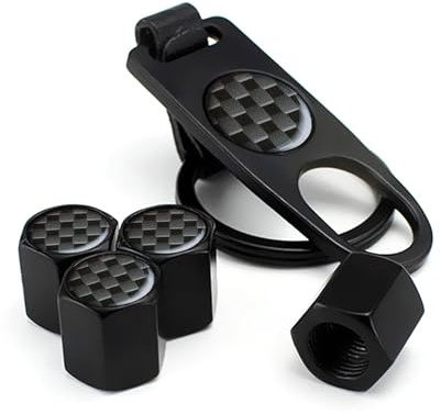 Reifen Ventilkappen (4 Stück) mit Schlüsselring (1 Stück), Schwarz Ventilkappen Auto Metall Schachbrett Logo Autoventil Kappe Fahrrad Motorrad