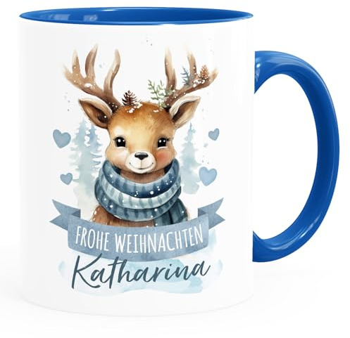 SpecialMe® Kindertasse Weihnachten Tier-Motive personalisiert mit Namen Namenstasse Geschenk für Jungen und Mädchen Weiss-innen-royal standard