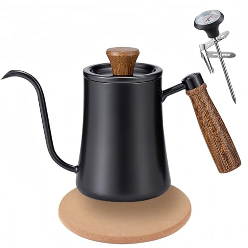 Gocoffun Pour Over Coffee Kettle, 550ml Gooseneck Kettle Spout Coffee Tea Pot with Thermometer, Anti-Hot Wooden Handle,Stainless Steel Tea Kettle with Long Narrow Spout Hand Drip Kettle(Black)