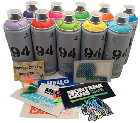 PROGAL COLORS Set Montana 9 4 bombolette spray Montana Streetart Matt Graffiti lattine 10 x 400 ml set contiene un regalo di adesivi + 3 diffusori di ricambio