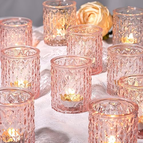 Azuritek 12pcs Votive Candle Holders, Pink Glass Tealight Candles Holder for Living Room Wedding Decor, Candles Holders Gifts for Women