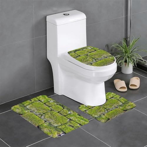 FLYIFE Badematten-Set aus Moosstein, Pflasterstein, bedruckt, 3-teilig, Flanell, rutschfest, wasserabsorbierend, Badezimmerteppich-Set mit U-förmiger WC-Vorleger und WC-Deckelbezug