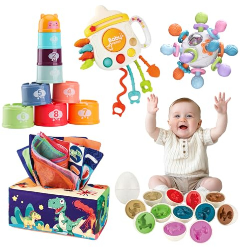 XAZASTOV Jouets Bébés 6 9 12 18 Mois, 5 in 1 Montessori Jeux Bebe 1 2 3 Ans, Jouets Sensoriels, Jouet Hochet de Dentition/Boîte à Mouchoirs/Gobelets Empilables/Jeux de Corde à Tirer/Œufs Assortis