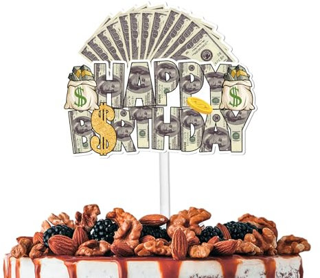 Glitter Dollar Happy Birthday Cake Topper Cheer to Jackpot Gamble Dollar Money Theme Decorations Men Women Happy Birthday Las Vegas Nigh Party Decor Supplies