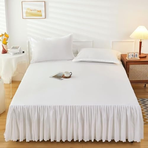 Homxi Copriletto Singolo con Gonna(180 x 200 cm),Completo Lenzuola Matrimoniali Estive Tinta Unita Lenzuolo Sopra Matrimoniale Bianco