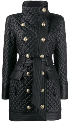 Damen-Mäntel aus Schaffell, Stehkragen, zweireihig, Schnürgürtel, mittellang, Lammfelljacke, Mäntel, Schwarz , XXL
