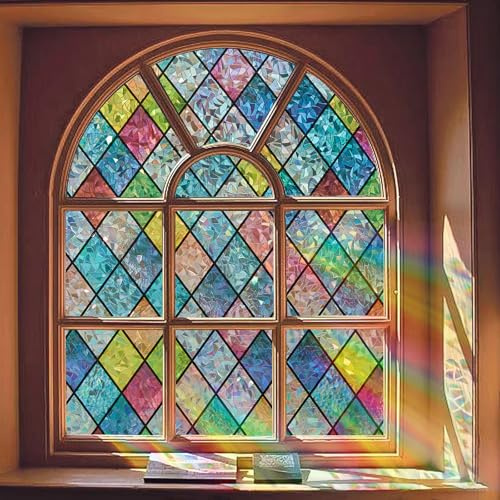 Bectosy Window Privacy Film, Static Cling Stained Glass Window Film Decorative, Non-Adhesive 3D Rainbow Frosting Film Anti-UV for Bathroom Home Door(Rainbow，17.5 x 78.7)
