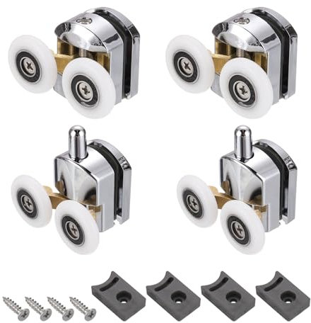 sourcing map 4 Pcs Shower Door Rollers, 25mm Dia Copper Bathroom Glass Door Top Bottom Twin Rollers Runners for 4-5mm Thickness, Kitchen Sliding Doors Wheels Replacement with Screw, Silver