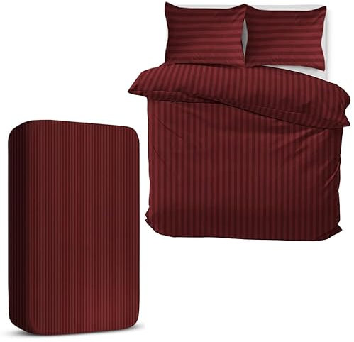 MOONLIGHT20015 Double Duvet Set 4 Piece Satin Stripe Duvet Cover Sets Soft Brushed Microfiber Bedding Sets with Fitted Sheet & 2 Pillow Cases (Burgundy, 200x200 cm)