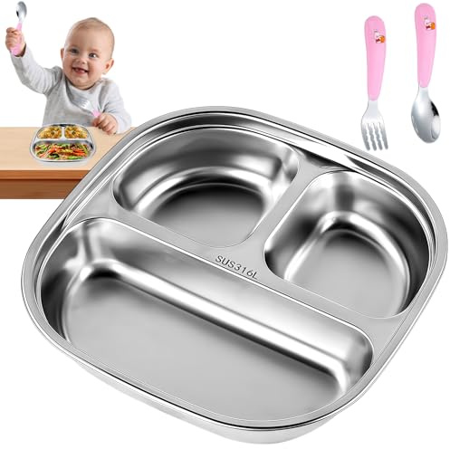 Grillix Edelstahl Teller Baby, Unterteilt Edelstahl, Babytablett mit Drei Fächern und Transparentem Deckel, Geeignet für Erwachsene, Kinder, Diätkontrolle, Camping