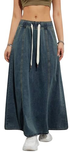 Acrawnni Women's Vintage Denim Long Maxi Skirts Ladies Drawstring High Waist Flared Stretch Straight Jeans A-Line Skirt (A-Dark Blue, M)