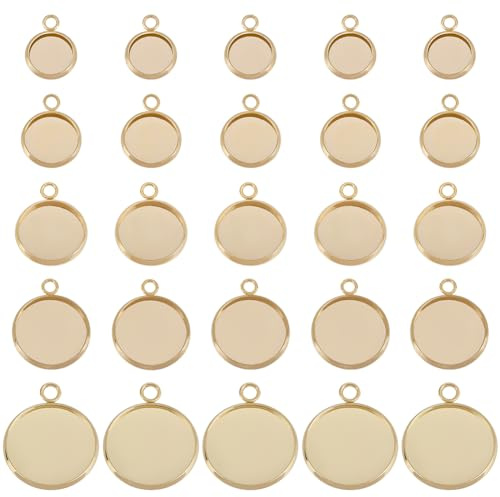 Beebeecraft 40 Stück Cabochon Fassungen Anhänger Lünette Flache Runde Charm | 24 Karat Vergoldet 304 Edelstahl 12/14/16/18/22mm Runde Leere Lünetten Anhängerschalen Für Herstellung von Schmuckstücken