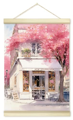 Pink Blossom Cafe Poster Hanger Frame, Trendy Pink Cherry Flower Poster Frames Artwork Canvas Wall Art Prints, Funky Pastel Girly Wall Decor Art Prints Hanging For Kitchen Coffee Room 12x16 Inch - 19
