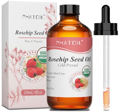 PHATOIL Organic Rosehip Seed Oil 118ml, Cold Pressed Pure USDA Certified | Anti-Aging Rosehip Oil for Face, Skin, Hair and Nails, Moisturising Care and Carrier Oil for Essential Oils, Amber Bottle