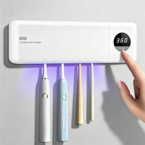 UV Zahnbürsten Sterilisator mit 4 Zahnbürstenschlitzen | Zahnbürste Sanitizer Halter 2000mAh Wiederaufladbare Kabellose Wand Montiert Zahnbürste Sterilisator für Bäder [Klasse A+++]