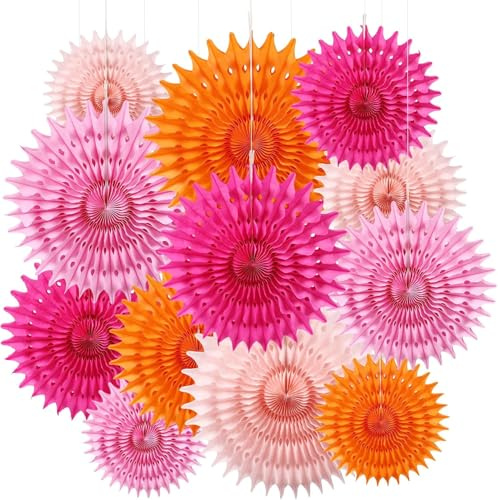 19er Set Papier Blumenfächer & Papierblumen Pompons Rosa Orange Hängende Girlande Dekoration für Hochzeit Geburtstagsfeier Gartenparty Tischdeko