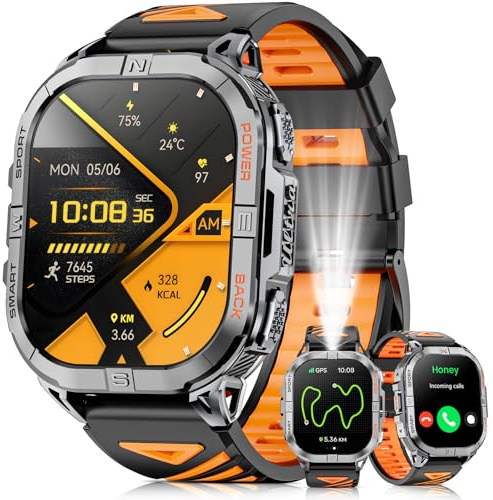 Joautrial Military Smart Watch for Men Built-in GPS with LED Flashlight Compass, 2.13 AMOLED Tactical Smart Watches with Answer/Make Calls, 3ATM Waterproof Fitness Tracker for iPhone Android (Black)