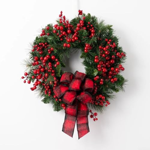 Corona artificial de Navidad con muebles de bayas de acebo carmesí, corona festiva para puerta para muebles del hogar de vacaciones, guirnalda de hoja perenne para interiores y exteriores (40 cm)