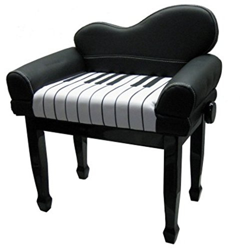 Generisch MEYNE Klavierbank Höhenverstellbar mit Rückenlehne, Schwarz Hochglanz, Skai Schwarz/Weiß Tastaturmuster, 47-56 cm Höhe, für Kinder, 63x38 cm