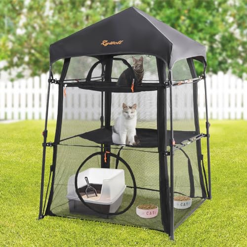 Rywell Recinzione per gatti extra grande per esterni, con 3 livelli e 5 finestre, tenda per gatti portatile per esterni, pioggia e protezione solare, adatta per esterni/terrazze, 145 × 110 × 110 cm