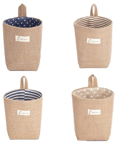 Febbya Hanging Storage Baskets,Set of 4 Cotton Linen Foldable Wall-Mounted Organiser for Small Items,Toys & Toiletries,Fabric Wall Hanging Baskets with Handles