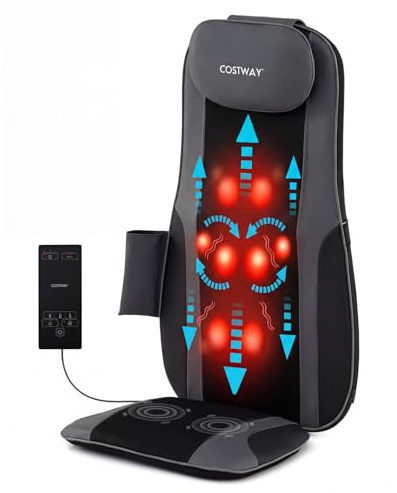 COSTWAY Shiatsu Massageauflage mit 4 knetenden Rollknoten & 2 Vibrationsmotoren, Massagesitzauflage 3D Massagematte, Rückenmassagegerät mit Wärme für Zuhause & Büro