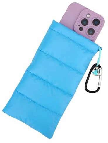 MOPZIJA Thermo Handyhülle Tasche Universal Daunen Pouch Handysocke Weihnachten Geschenke für Smartphones Handy Winter Handyhülle mit Karabiner Ideal für Outdoor Camping Wandern Skifahren (Blau)