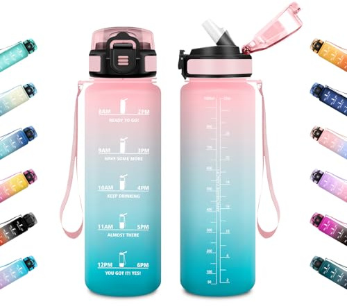 JAPORIA Borraccia Sportiva 1L, Borraccia Motivazionale con Cannuccia, Antigoccia, Capacità Grande, Riutilizzabile, per Palestra, Ciclismo, Yoga