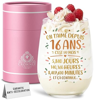 CROWNLY CRYSTAL Verre Personnalisé 16 Ans Cadeau Fille 16 An Adolescente Gobelet Cristal Anniversaire On T'aime Depuis 16 Ans Coffret Cadeau Rose