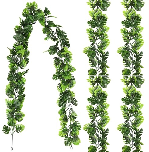 Kronabelle 4 piante verdi artificiali da appendere, 1,5 m, foglie di monstera finte con foglie di palma tropicali, ghirlanda di edera monstera rimovibile in plastica per feste hawaiane, giardino