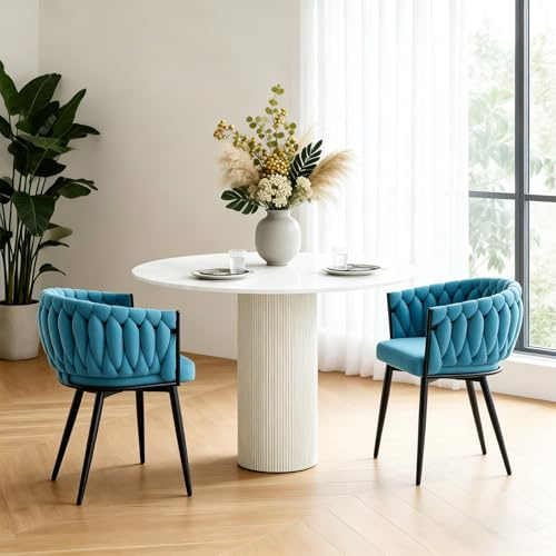 Relbiety Esszimmerstühle 2er Set mit Armlehne, Moderne Polsterstühle aus Samt mit Gewebter Rückenlehne und Metallfüßen, Schminkstühle Küchenstühle für Wohnzimmer Schlafzimmer Küche, Türkis