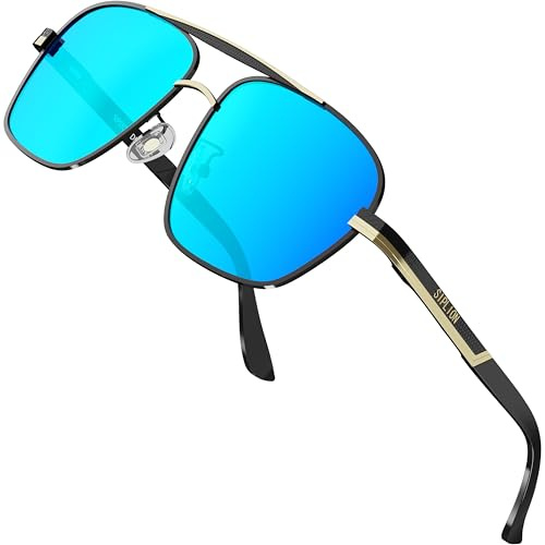 SIPLION SPLION Herren Fahrerbrille Polarisierte Sonnenbrille Rechteckige Metall Rahmen Blau 1823 UV400 CAT 3 CE