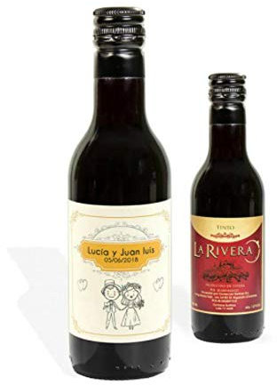 Lote de 10 Botellas de Vino Tinto Personalizadas para BodasPareja 180 ml. Regalos Originales. Complementos. Detalles para Bodas, Comuniones, Bautizos y Cumpleaños. CC