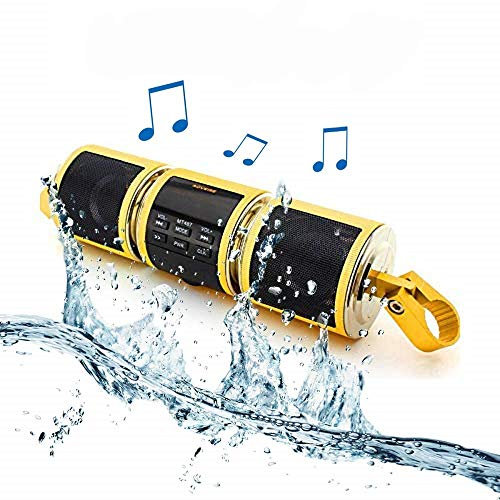 MASO Radio Bluetooth para motocicleta, 12 V, impermeable, para manillar de motocicleta, altavoz HIFI con sistema de sonido estéreo para ATV Jet Ski Alarma Remota FM MP3 Reproductor Oro