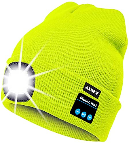 ATNKE LED beleuchtete Bluetooth Beanie Kappe, wiederaufladbare USB-Musikalische Laufmütze mit extrem hellem 4 LED Licht wasserdichte Lampe für das Skifahren