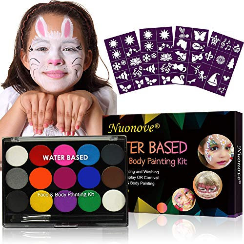 Kinderschminke, Körperfarben Set, Schminkfarben Kinder, Gesichtsfarben Kinder, Weihnachtsdekoration, 2 Pinsel, 15 Farben, 2 Tattoo Vorlagen, für Kinder geeignet, Schminkset für Halloween und Fasching