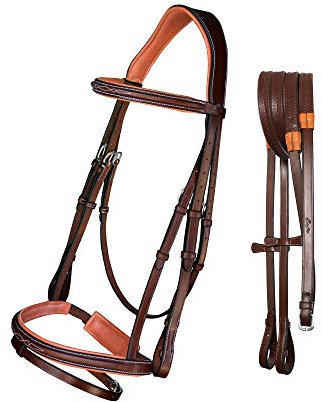 Exion häst snaffle hoppande träns | Anatomiskt mjukt fodrat kronstycke designer sytt pannband och blixt näsband häst-träns med greppande gummitygar | Engelsk träns för hästar