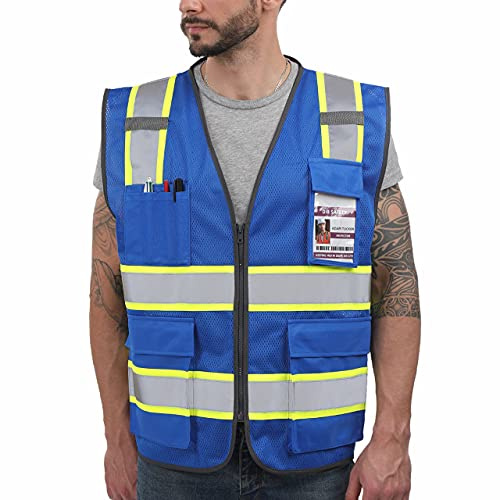 Dib Safety Reflective Mesh Vest High Visibility Two Tone with Pockets and Zipper, Blue Mesh with Yellow Trim XL