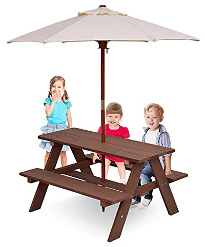 GYMAX Kids Picnic Table, Outdoor Toddler Furniture (Brown, 89 x 79 x 50cm) | Removable Umbrella, Children Garden Table and Bench Set for Boys Girls