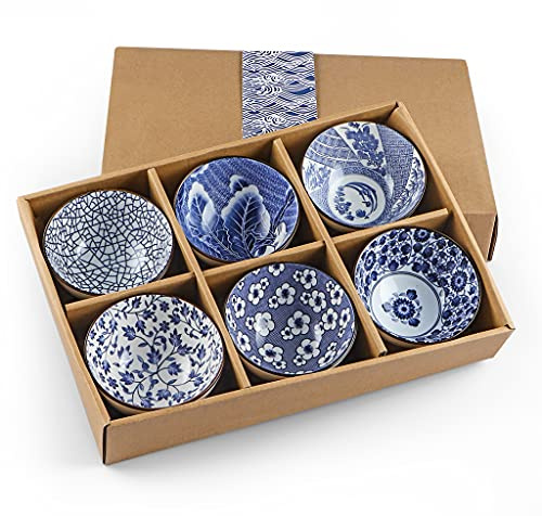 Sanbege Ceramic Rice Bowls 10 oz, Japanese Style Bowl Gift Set, Assorted Dinnerware Serving Bowls for Cereal, Soup, Dessert, Snack, Fruit, Salsa, Pack of 6 (Blue and White)