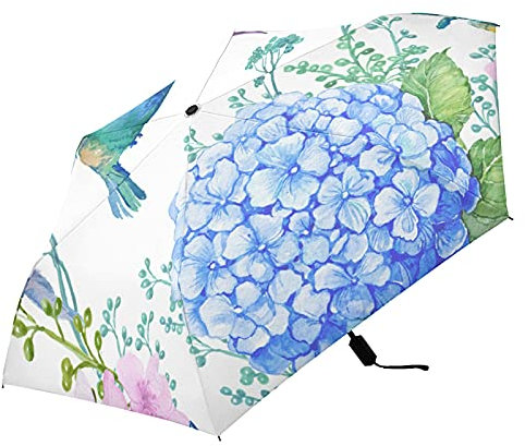 Fleurs d'hortensia bleues et violettes - Colibri - Feuilles vertes sur fond blanc - Parapluie pliable - Portable - Anti-UV - Résistant à la pluie
