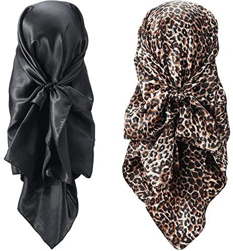 SATINIOR 35 Inch Silky Head Scarf 2 Pcs Large Square Neck Scarf Sleeping Hair Wrapping Satin Bandana for Women(Black, Leopard Print, Chic)