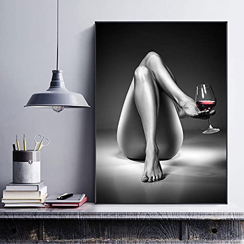 Cuadros DecoracióN Baratos Mujer Copa de vino Negro Blanco Chica Carteles e impresiones Imágenes artísticas de pared para la sala de estar Decoración del hogar Mural 60x80cm (24x32in) Marco interno