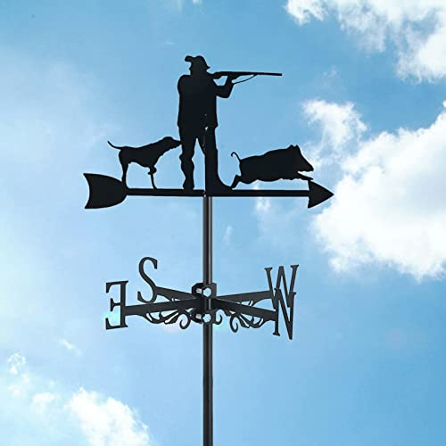 ZNEL Wetterhahn Jäger Mit Hund Jagen Windfahne Deko-Wetterfahne Windrichtungsanzeiger, Hohl Geschnitztes Design Edelstahl Windrichtung Schwarz Metall,Hunter Hunting
