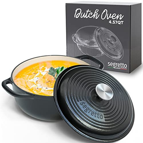Segretto Cookware Horno holandés de hierro fundido esmaltado con asa, 4.57 cuartos de galón, negro 4.57 cuartos de galón, olla holandesa apta para horno holandés con tapa, esmalte de cerámica, olla de