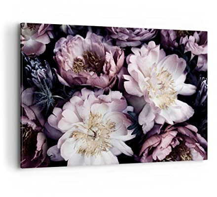 ARTTOR Leinwandbild 100x70cm Wandbild Botanik Blumen - 5076 | Pfingstrosen Veilchen Groß Wanddekoration Wohnzimmer Schlafzimmer Küche Wanddeko Wand Kunstdruck Wandkunst Wall Decor ARTTOR